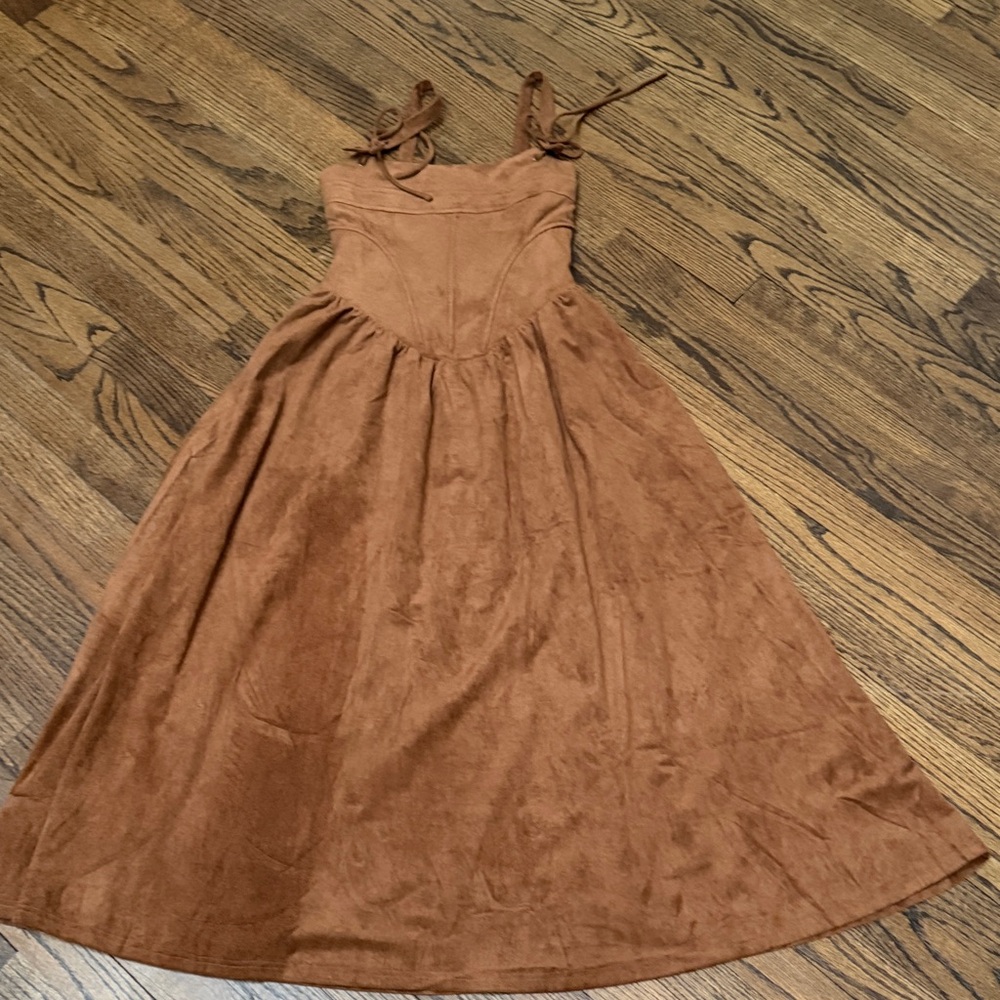 Brown bustier Maxi Dress with Tie Straps suede look